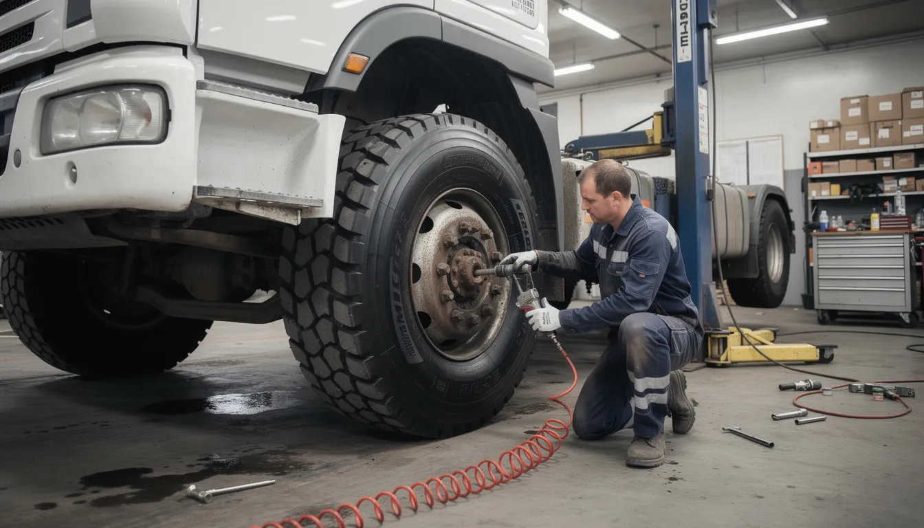 Ein Mechaniker wechselt einen großen LKW-Reifen auf einer Werkstatt-Hebebühne, um eine effektive Wartung und Reparatur für Nutzfahrzeuge sicherzustellen. Im Hintergrund sind Werkstatt-Tools und andere LKWs zu sehen, die auf professionelle Werkstattleistungen warten.