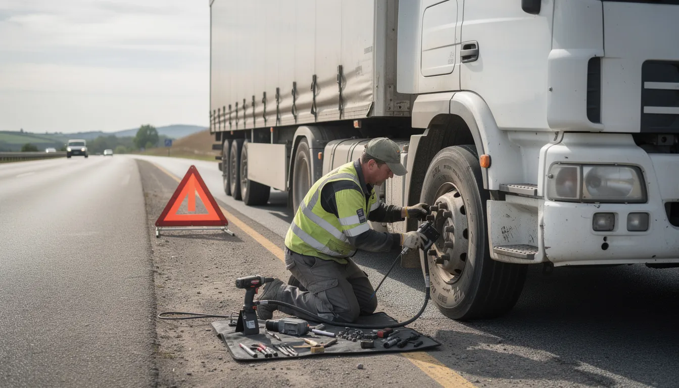 6522ab4e-951e-4f2e-9a8b-7a07b14b9e6e – LKW Help 24 A mechanic is working on a commercial truck tire at a roadside breakdown location, demonstrating professional replacement skills. The scene captures the commitment to safety and reliability, as the mechanic inspects the damaged tire and prepares for the maintenance process.