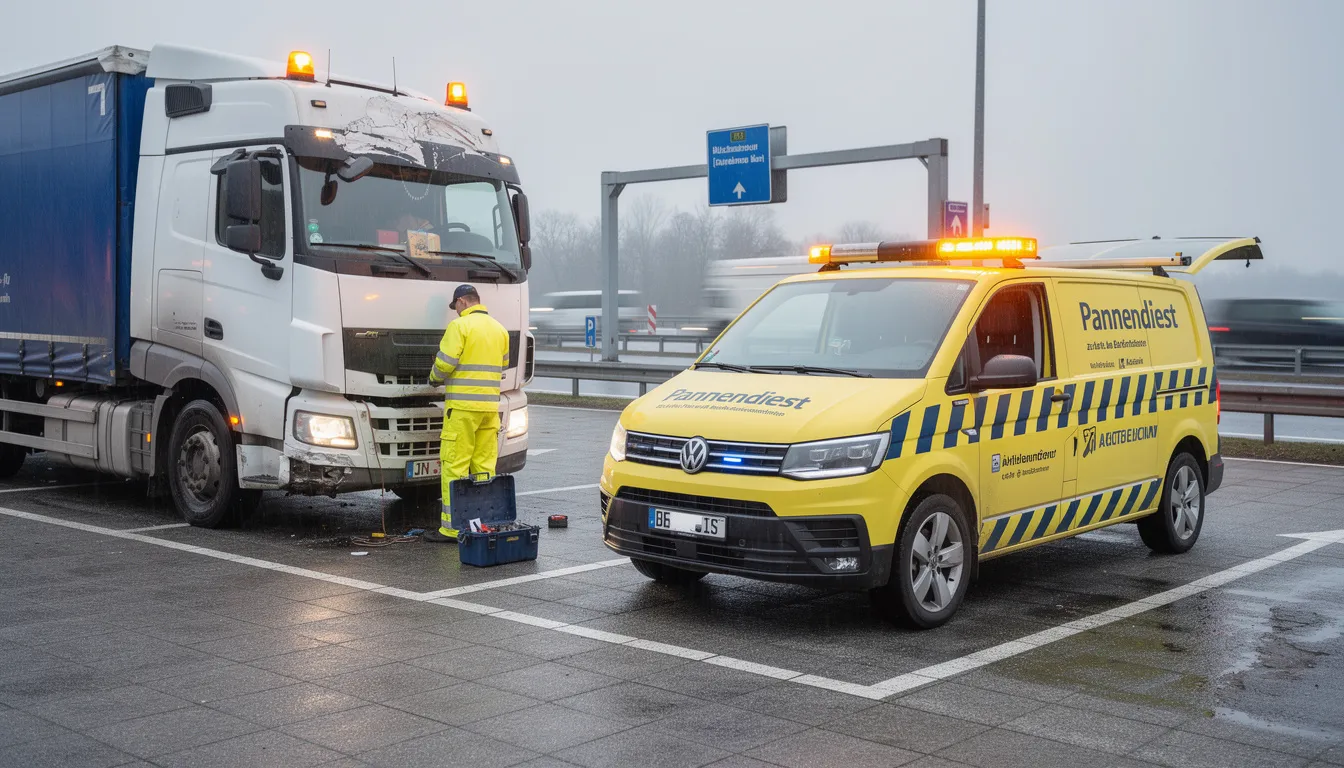 Ein Pannendienst-Fahrzeug steht neben einem liegengebliebenen LKW auf einem Autobahnrastplatz, bereit, professionelle Werkstattservices anzubieten. Im Hintergrund sind weitere Fahrzeuge und die Rastplatzumgebung zu sehen, während der Fahrer auf Unterstützung wartet.