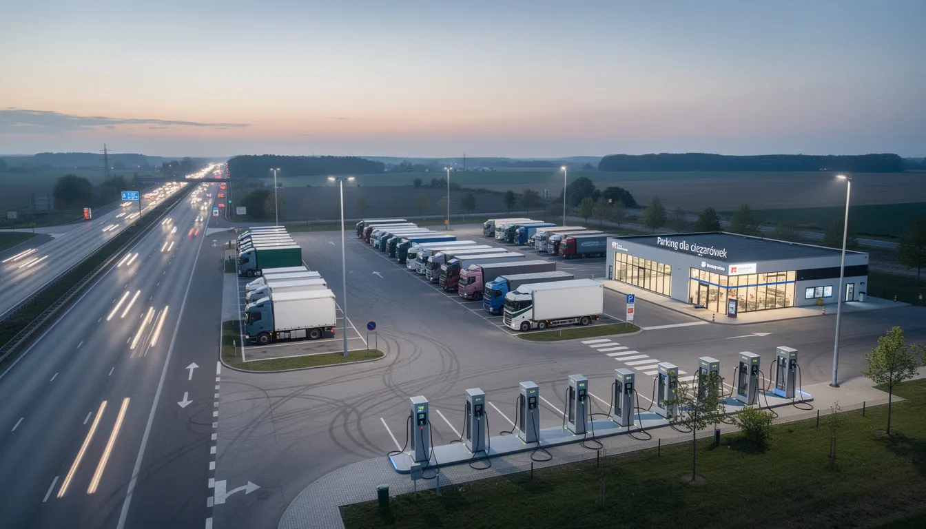 9e299a2c-b0de-4a7d-8c67-a068c4e33064 – LKW Help 24 Na zdjęciu widoczny jest duży parking dla ciężarówek przy autostradzie, z wyraźnie zaznaczonymi stacjami ładowania dla elektrycznych ciężarówek. Infrastruktura ładowania odgrywa kluczową rolę w ułatwieniu transportu i minimalizowaniu przestojów kierowców.