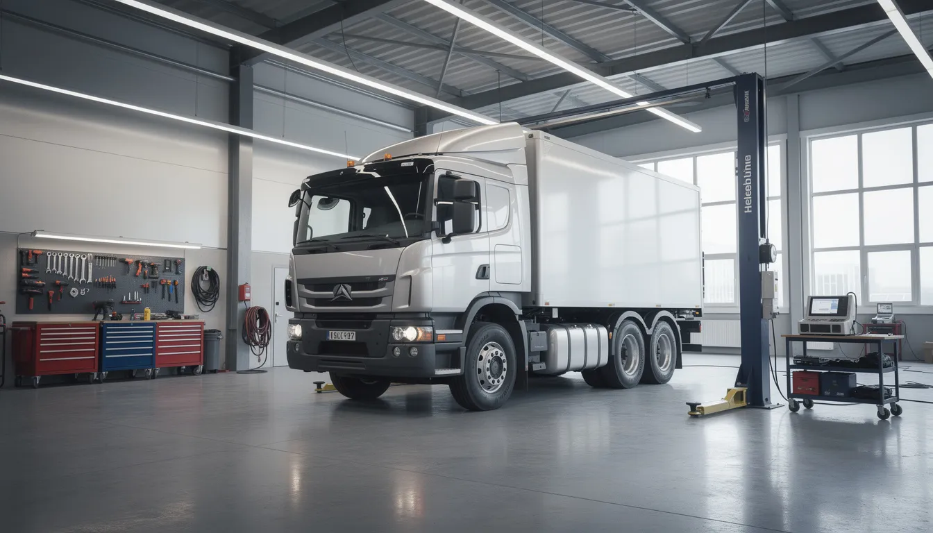 Ein großer LKW steht in einer modernen Werkstatthalle, die mit einer Hebebühne und umfangreicher Werkzeugausrüstung ausgestattet ist. Die Umgebung ist ideal für LKW Reparaturen und Wartungsarbeiten an Nutzfahrzeugen, während das Team von Fachleuten bereit ist, verschiedene Werkstattservices anzubieten.