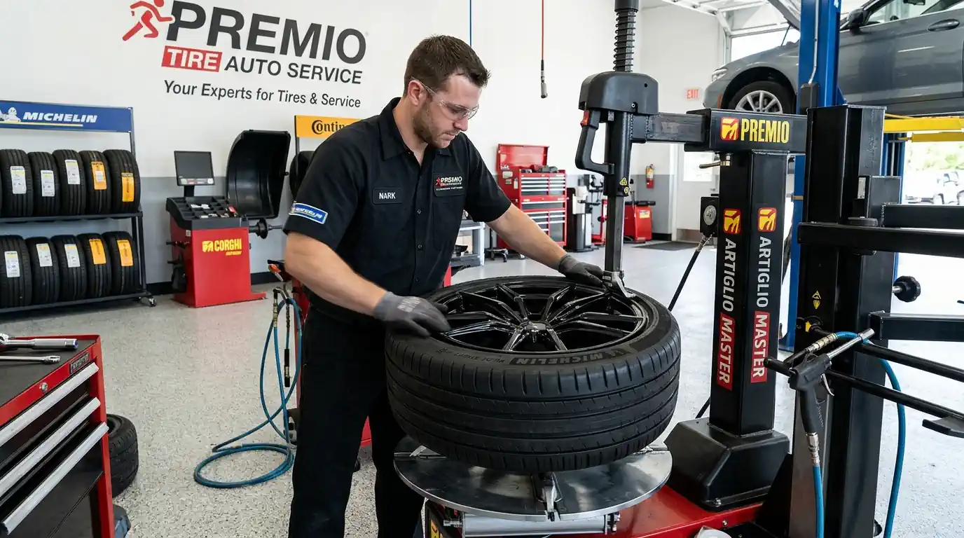 10c61a49-2a0b-4ff6-901d-918b91704c86 – LKW Help 24 Ein professioneller Mechaniker montiert einen hochwertigen Reifen auf eine moderne Alufelge in einer sauberen Werkstatt. Die Szene zeigt die Präzision und Fachkenntnis, die für den Reifenwechsel im Bereich des Premio Reifen Autoservice erforderlich sind.