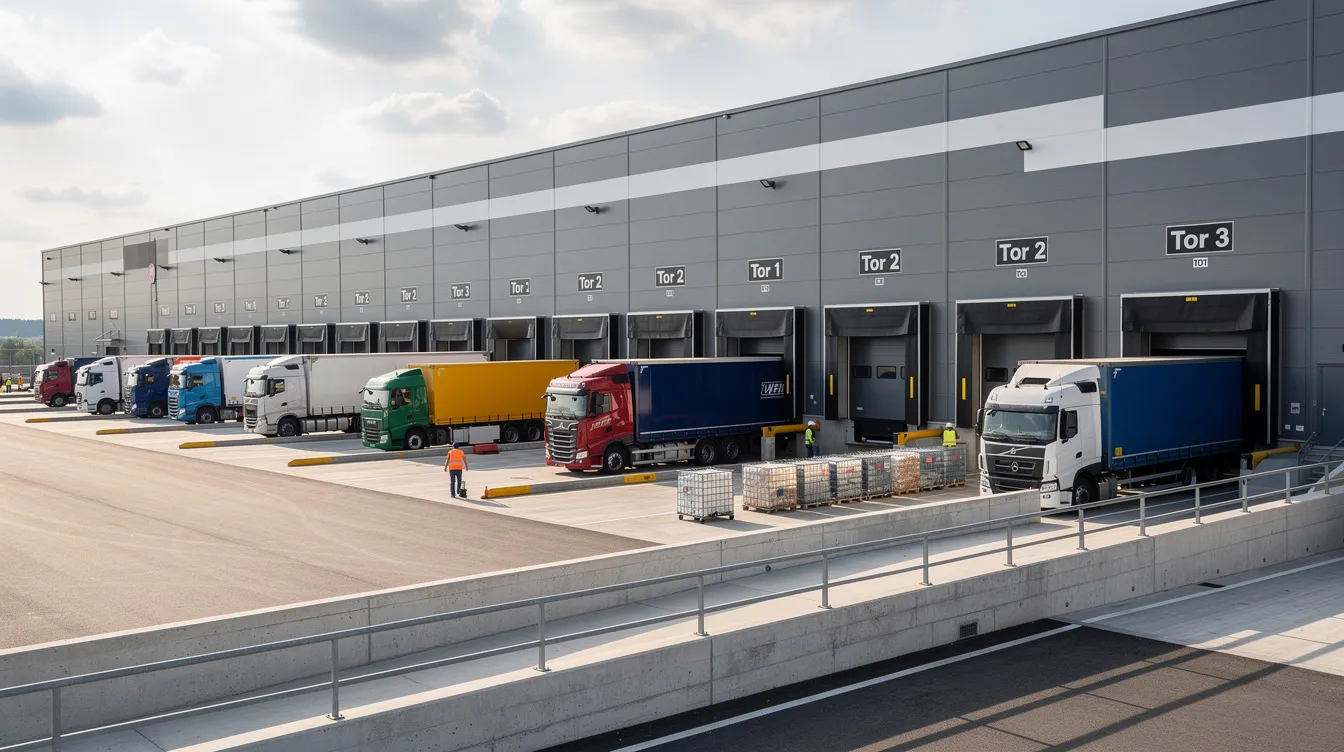 117353bd-2b54-4036-8dea-e6f424c9568c – LKW Help 24 Rampa załadunkowa centrum logistycznego z kilkoma ciężarówkami czekającymi na załadunek paletami.
