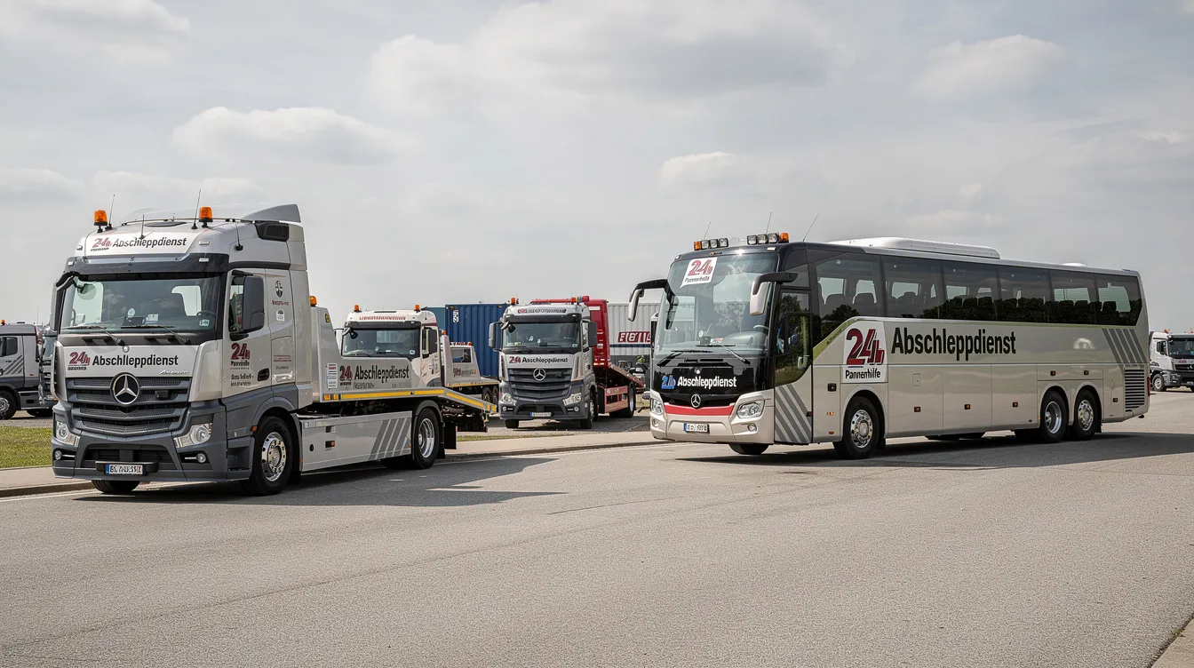 Das Bild zeigt verschiedene schwere Nutzfahrzeuge, darunter einen Lkw und einen Reisebus, die auf einer Straße geparkt sind. Diese Fahrzeuge sind Teil eines Netzwerks von Abschleppdiensten, die rund um die Uhr Pannenhilfe und Transportlösungen anbieten.