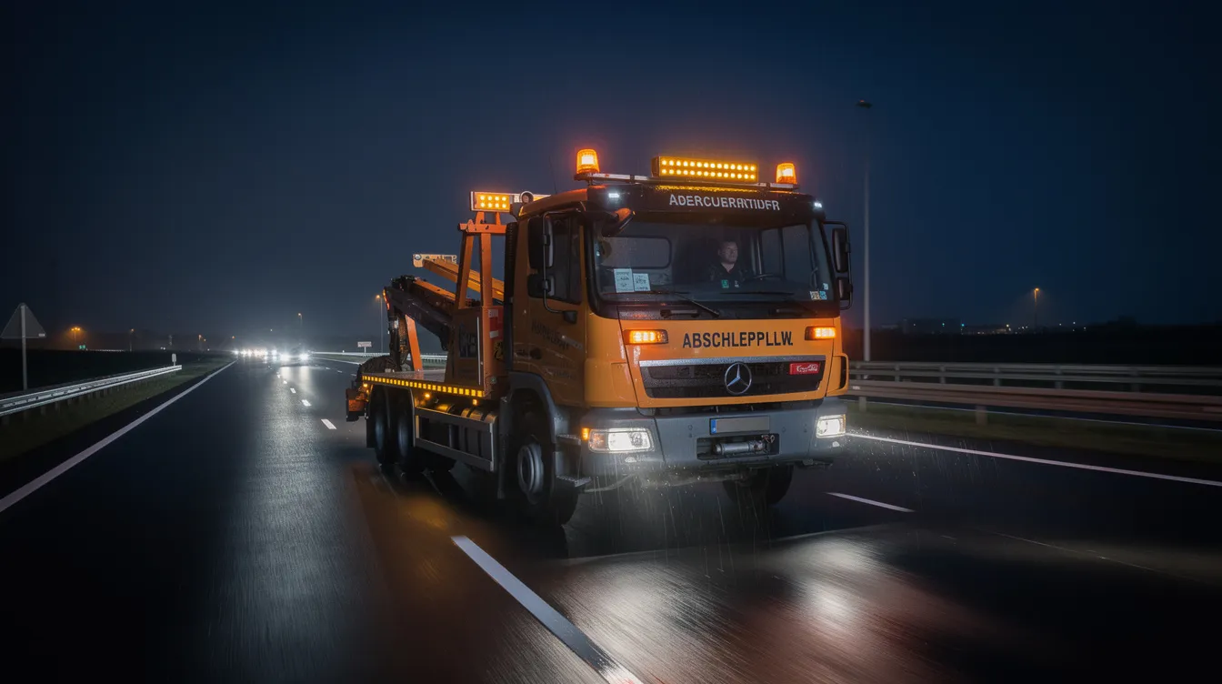 Ein schwerer Abschlepp-Lkw steht nachts auf der deutschen Autobahn, seine Warnlichter leuchten hell in der Dunkelheit. Er ist bereit, Pannenhilfe zu leisten und Fahrzeuge abzuschleppen, während er auf mögliche Einsätze wartet.