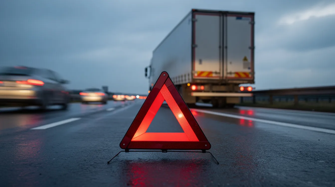 Ein Warndreieck steht auf der Autobahn hinter einem liegengebliebenen Lkw, um andere Verkehrsteilnehmer auf die Panne aufmerksam zu machen. Der Abschleppdienst ist bereit, Hilfe zu leisten und den Truck sicher abzuschleppen.
