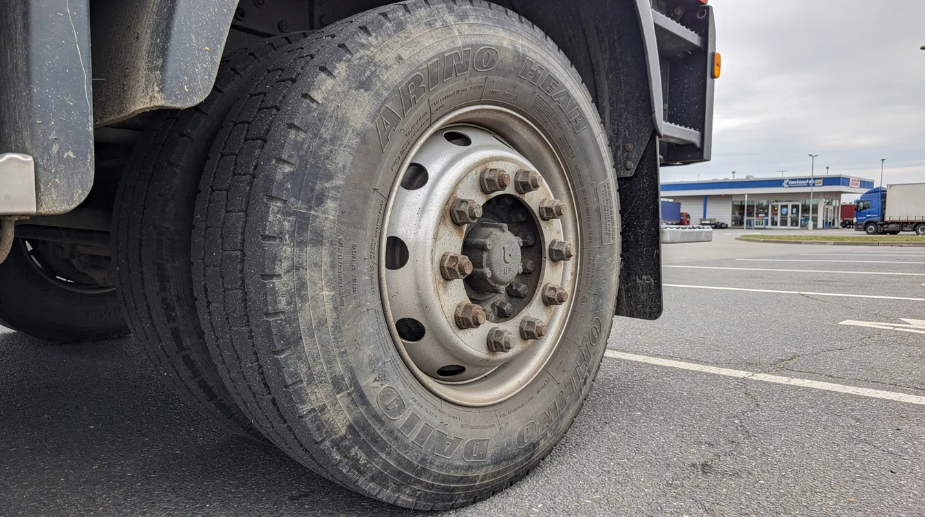 Die Nahaufnahme zeigt einen LKW-Reifen mit einer deutlich sichtbaren Seitenwandmarkierung, die Informationen über den Tragfähigkeitsindex und den Lastindex enthält. Die Reifenflanke ist detailliert abgebildet und gibt Aufschluss über die maximale Belastung und den Geschwindigkeitsindex des Reifens.