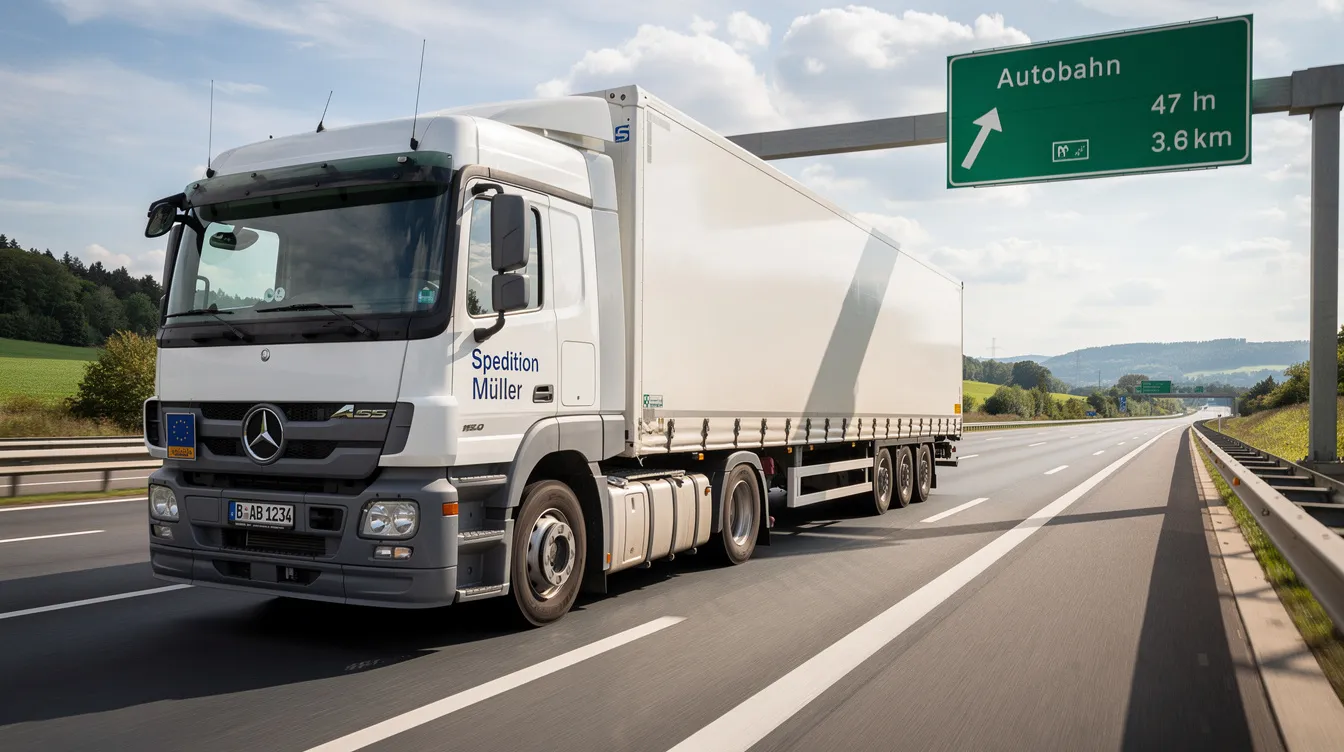 Ein schwerer LKW mit Zwillingsbereifung fährt auf einer deutschen Autobahn, während die Reifen mit einem hohen Tragfähigkeitsindex ausgestattet sind, um die Last zu tragen. Die Fahrzeugkombination zeigt die robusten Eigenschaften, die für den Transport schwerer Güter erforderlich sind.