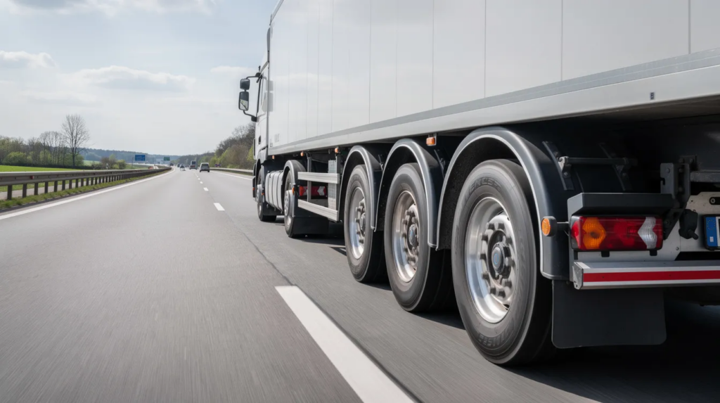 06eb6eae-dfd7-45b0-a5dd-a1044ab06311 – LKW Help 24 Ein schwerer Sattelzug fährt auf einer deutschen Autobahn bei Tageslicht. Die Doppelbereifung und die sichtbaren Achsen sind deutlich erkennbar, was wichtige Informationen zur Achslast und zum Gesamtgewicht des Fahrzeugs liefert.