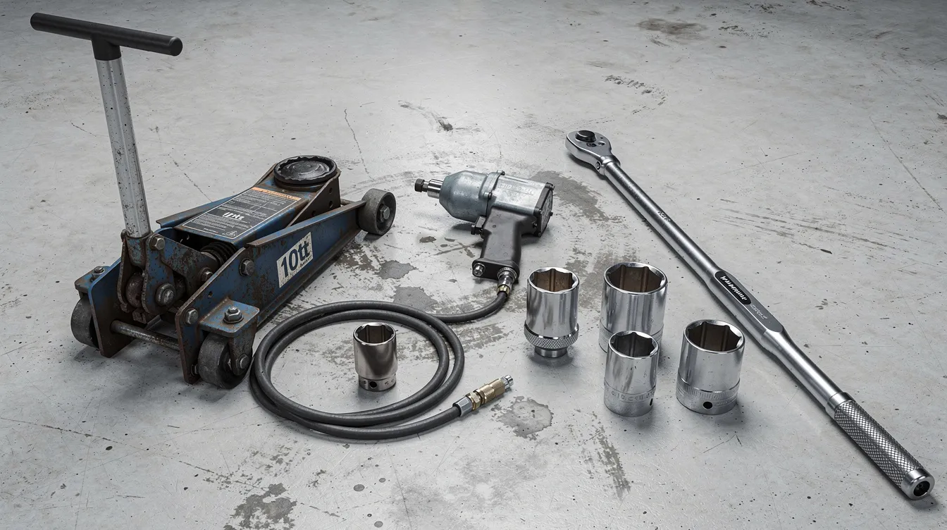08262005-bf39-450d-a92c-6b1be96e47b8 – AutoHelp Auf einer Werkstattfläche sind schwere Werkzeuge für den LKW-Radwechsel angeordnet, darunter ein hydraulischer Wagenheber, ein Schlagschrauber, große Stecknüsse und ein Drehmomentschlüssel. Diese Ausrüstung ist entscheidend für den Reifenwechsel und die Wartung von Fahrzeugen, insbesondere bei einem plötzlichen Plattfuß.