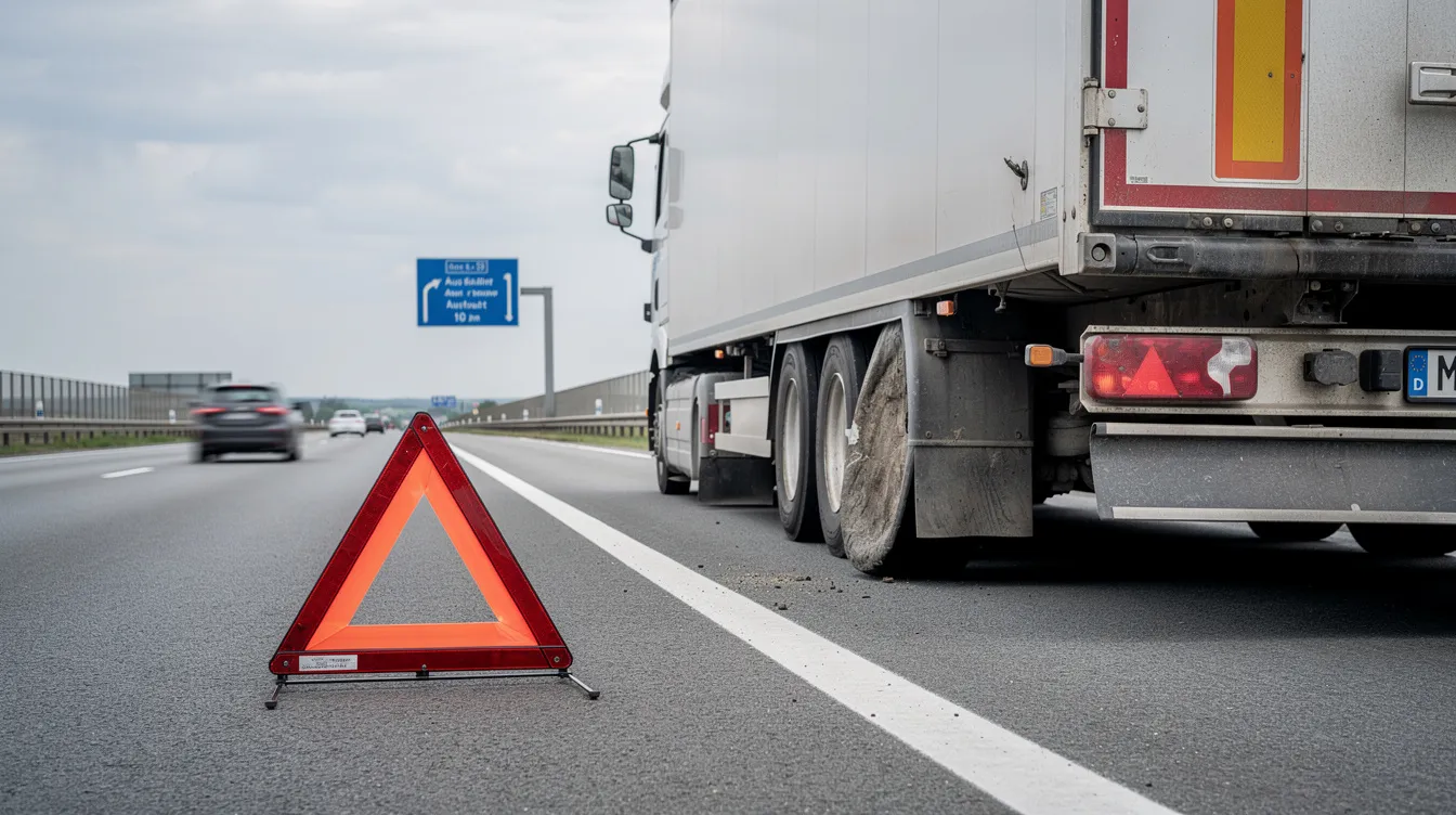 Ein LKW steht auf dem Standstreifen einer deutschen Autobahn, während ein Warndreieck aufgestellt ist, um auf eine Reifenpanne hinzuweisen. Der LKW ist möglicherweise mit Winterreifen oder Allwetterreifen ausgestattet, die für die aktuellen Witterungsbedingungen geeignet sind.