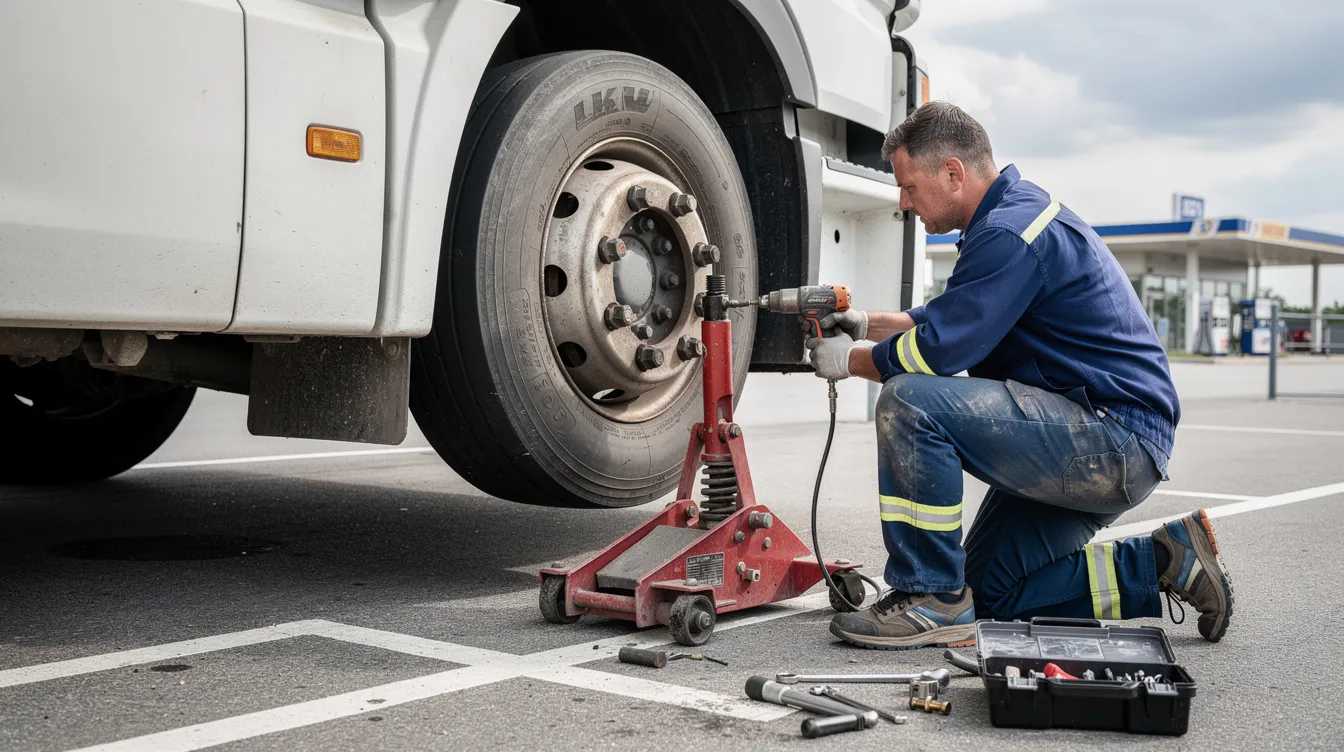 Ein Mechaniker in Arbeitskleidung wechselt an einer Raststätte mit einem hydraulischen Wagenheber einen großen LKW-Reifen. Diese Pannenhilfe ist ein wichtiger Service für Autofahrer, um bei einer Autopanne schnell wieder mobil zu werden.