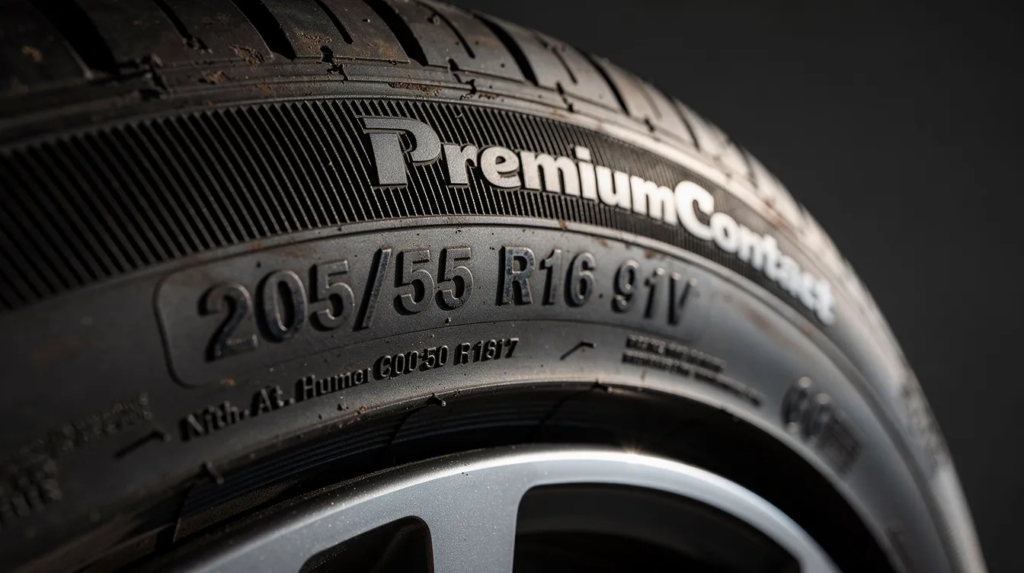 1cc44ee3-2ee0-4605-875d-4fc00b72bacf – AutoHelp Die Nahaufnahme zeigt die Seitenwand eines Reifens, auf der die Reifenkennzeichnung mit Zahlen und Buchstaben wie "195 65 R15 91H" deutlich sichtbar ist. Diese Informationen umfassen wichtige Angaben wie die Reifengröße, den Geschwindigkeitsindex und den Tragfähigkeitsindex, die für Autofahrer entscheidend sind.