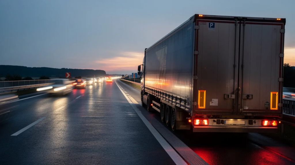 1f87e7d2-2e3d-4396-baac-4afa61ebaf5a – AutoHelp Ein schwerer LKW steht auf dem Standstreifen einer Autobahn bei Dämmerung, während das Warnblinklicht eingeschaltet ist. Diese Warnblinkanlage signalisiert anderen Verkehrsteilnehmern eine mögliche Gefahrensituation und erfordert erhöhte Aufmerksamkeit.