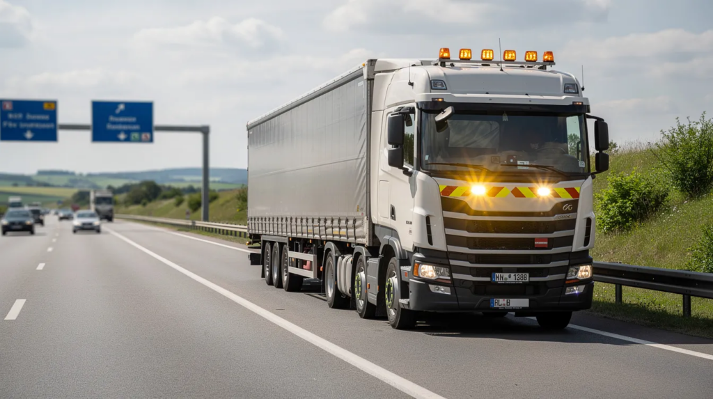 26b29593-e75e-4085-aae0-63e03ab44c35 – LKW Help 24 Ein schwerer LKW steht mit eingeschaltetem Warnblinklicht auf dem Standstreifen einer deutschen Autobahn bei Tageslicht. Der LKW könnte aufgrund einer Panne oder eines technischen Problems Hilfe benötigen, was auf die Bedeutung von Pannenhilfe und Mobilitätsschutz hinweist.