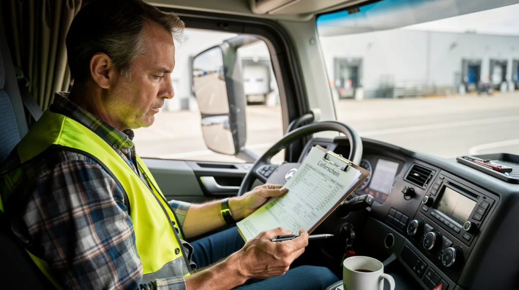 2757a5b9-6d56-4252-88e2-ede610bb714f – LKW Help 24 Ein LKW-Fahrer sitzt im Führerhaus und prüft sorgfältig die Fahrzeugdokumente, darunter die Zulassungsbescheinigung Teil I und den Fahrzeugschein. Auf dem Tisch sind auch Informationen zu den Reifen, wie Tragfähigkeitsindex und Reifengröße, sichtbar, die für die Sicherheit und die Fahreigenschaften des Fahrzeugs wichtig sind.