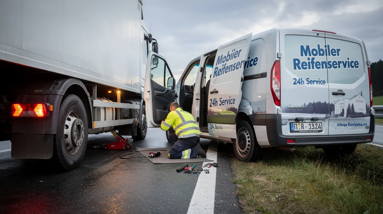 Ein mobiles Reifenservice-Fahrzeug steht am Straßenrand neben einem LKW, der aufgrund eines Reifenproblems angehalten hat. Das Fahrzeug ist ausgestattet, um Reifen mit verschiedenen Tragfähigkeitsindizes und Geschwindigkeitsindizes zu überprüfen und zu reparieren.