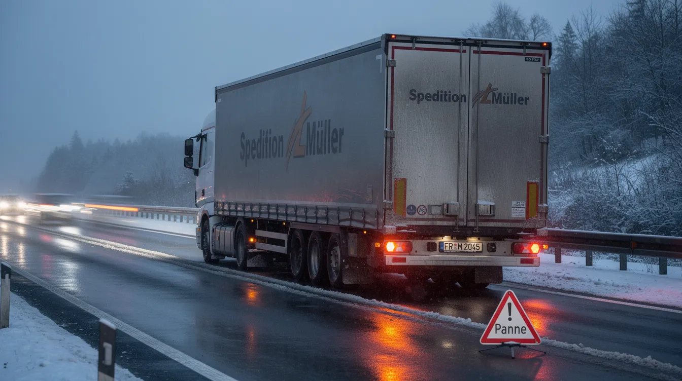 Ein LKW steht auf dem Pannenstreifen einer Autobahn während des Winters, umgeben von Schnee und Eis, mit aktivierter Warnblinkanlage. Der LKW ist mit Winterreifen ausgestattet, um den winterlichen Straßenverhältnissen sicher zu begegnen.