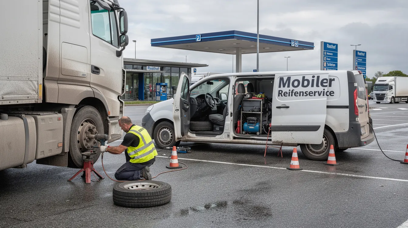 Ein mobiler Reifenservice führt Wartungsarbeiten an einem Sattelzug auf einem Autobahnrastplatz durch, während der Fahrer Informationen zu den Fahrzeugpapieren, wie dem Fahrzeugschein und der zulässigen Achslast, bereitstellt. Im Hintergrund sind weitere Lkw und die Raststätte zu sehen, die eine wichtige Anlaufstelle für Transporte bieten.