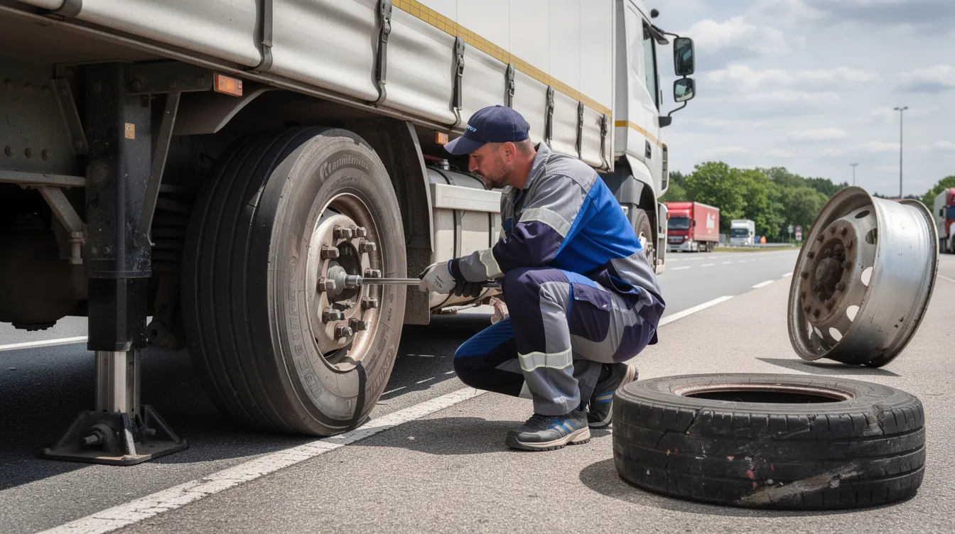 Ein Servicetechniker in Arbeitskleidung wechselt ein großes LKW-Rad an einem Sattelauflieger auf einem Rastplatz. Er hebt das Fahrzeug mit einem Wagenheber an und löst die Radmuttern, um das defekte Rad gegen das Ersatzrad auszutauschen.