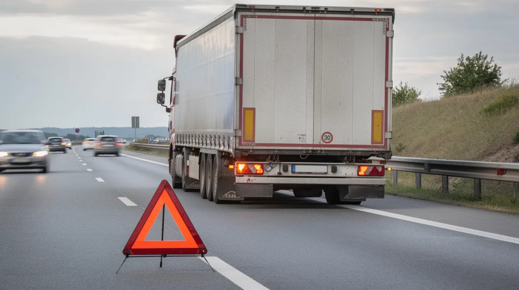 6c2ea02e-942a-47a5-9eb1-a97dfe73c9d5 – AutoHelp Ein schwerer LKW steht mit eingeschalteter Warnblinkanlage auf dem Standstreifen einer Autobahn, während hinter dem Fahrzeug ein Warndreieck aufgestellt ist. Der LKW benötigt möglicherweise eine Reifenwechsel, da er einen platten Reifen haben könnte.