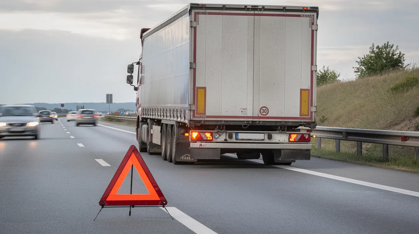 Ein schwerer LKW steht mit eingeschalteter Warnblinkanlage auf dem Standstreifen einer Autobahn, während hinter dem Fahrzeug ein Warndreieck aufgestellt ist. Der LKW benötigt möglicherweise eine Reifenwechsel, da er einen platten Reifen haben könnte.