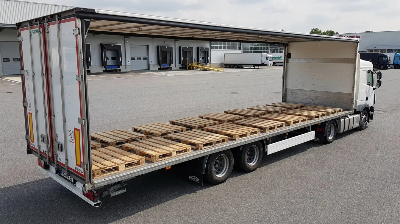 Der offene Trailer-Laderaum zeigt gleichmäßig verteilte Paletten auf einem Speditionshof, was auf eine sorgfältige Verladung hinweist. Der Laderaum ist bereit für den Transport von Gütern, wobei die zulässige Achslast und das Gesamtgewicht des Anhängers berücksichtigt werden müssen.