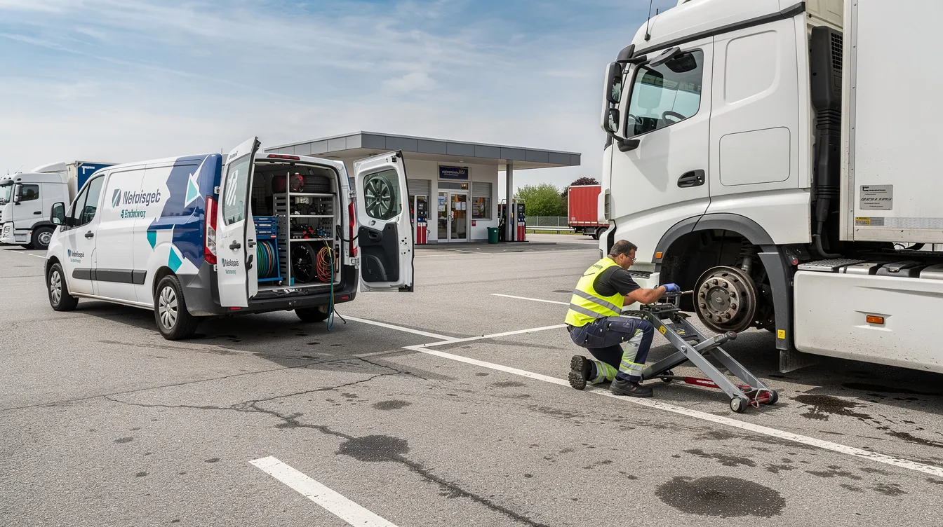 Ein mobiler Reifenservice steht an einer Autobahnraststätte neben einem schweren LKW, um einen Reifenwechsel durchzuführen. Das Fahrzeug ist mit verschiedenen Reifen, darunter Winterreifen und Allwetterreifen, ausgestattet, die für die aktuellen Witterungsbedingungen geeignet sind.