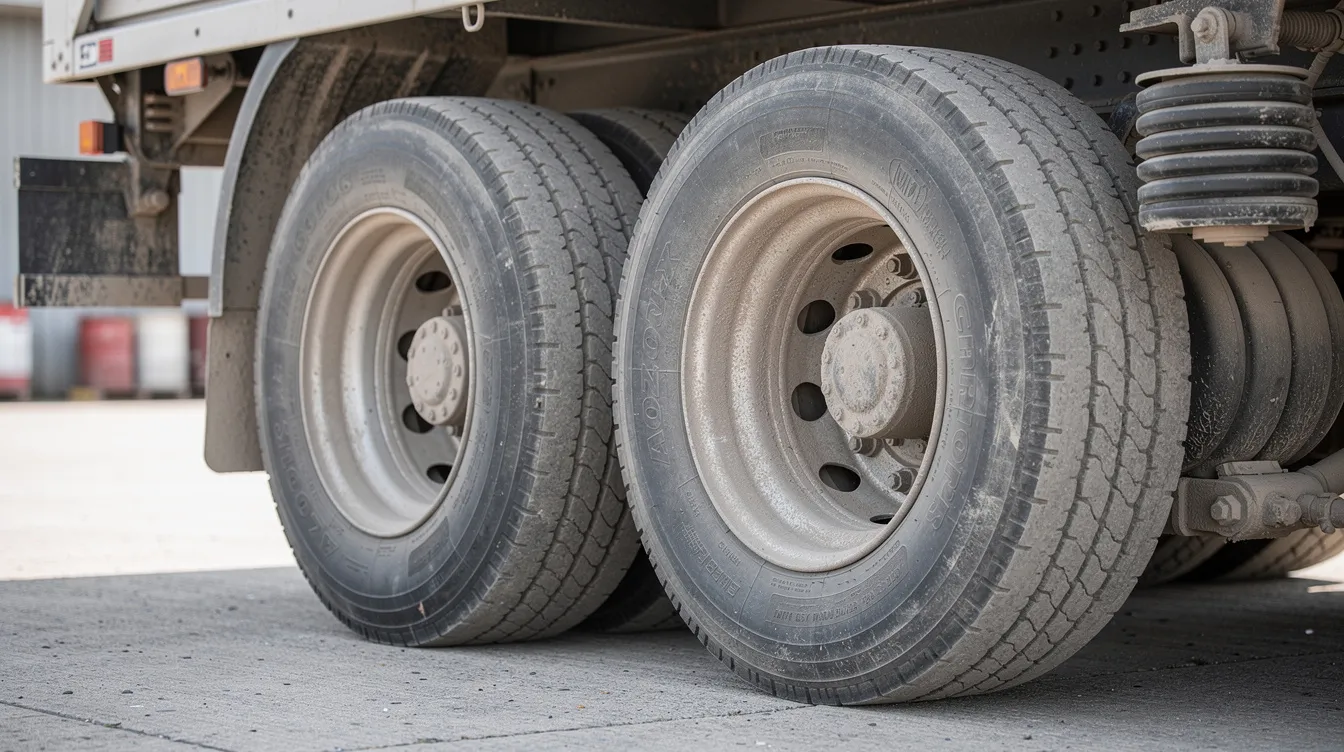 Die Nahaufnahme zeigt eine LKW-Achse mit Doppelbereifung und einer gut sichtbaren Luftfederung, die für das Fahrverhalten und die zulässige Achslast des Fahrzeugs entscheidend ist. Diese Details sind wichtig für die korrekte Berechnung der Achslast im Fahrzeugschein und die Sicherheit beim Transport von schweren Lasten.