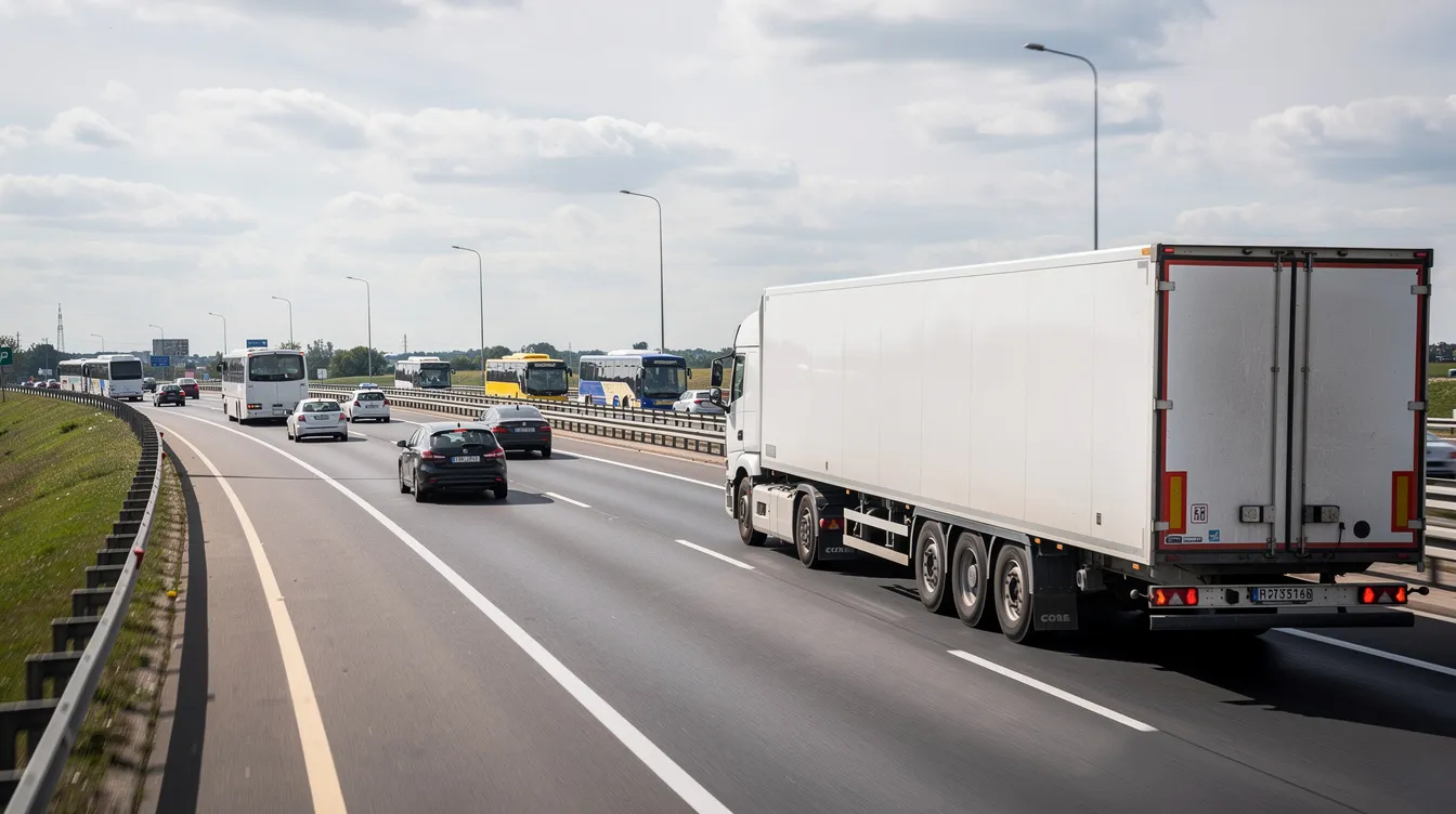Ein Lkw steht auf der Straße in die entgegengesetzte Richtung, während ein anderes Fahrzeug in die entgegengesetzte Richtung fährt. Diese Szene könnte auf eine Reifenpanne hinweisen, für die ein reifennotdienst in der Nähe schnell Hilfe leisten könnte.