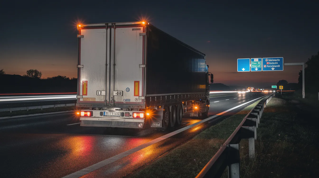 Ein schwerer Lkw steht auf dem Standstreifen einer deutschen Autobahn bei Nacht, mit eingeschalteten Warnblinkern, um auf seine Präsenz aufmerksam zu machen. Der Lastkraftwagen könnte ein Modell von Volvo oder einem anderen Hersteller sein und ist für den Transport von Gütern im Straßenverkehr konzipiert.