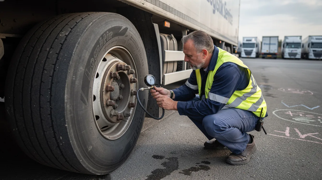 Ein LKW-Fahrer prüft mit einem Druckmessgerät den Luftdruck eines XL-Reifens an der Hinterachse seines Fahrzeugs. Die Überprüfung des Reifendrucks ist entscheidend für die Tragfähigkeit und das Fahrverhalten des Transporters.