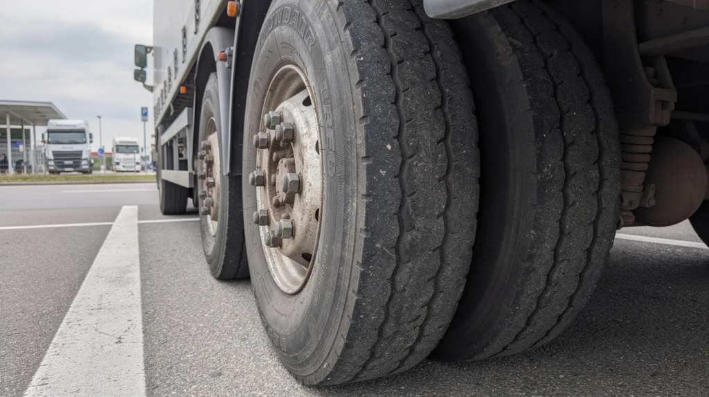 bffd544e-5ea2-4577-b66d-1c3d15e7402b – LKW Help 24 Die Nahaufnahme zeigt einen breiten LKW-Reifen der Größe 385 65 R22.5, der auf einer Trailerachse an einer deutschen Autobahnraststätte montiert ist. Der Reifen hat ein markantes Profil und ist für den Einsatz an Nutzfahrzeugen konzipiert, was auf die hohe Tragfähigkeit und Robustheit hinweist.