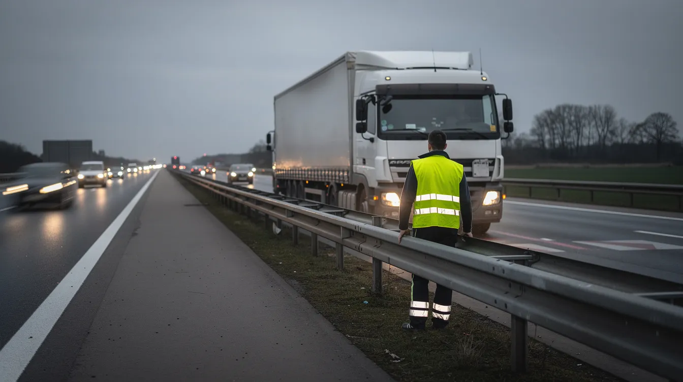 Eine Person in leuchtender Warnweste steht hinter einer Leitplanke neben einem stehenden LKW auf dem Standstreifen einer Autobahn. Diese Szene könnte auf eine Panne oder einen Unfall hinweisen, wobei der Autofahrer möglicherweise auf Pannenhilfe oder Unterstützung durch einen Abschleppdienst wartet.