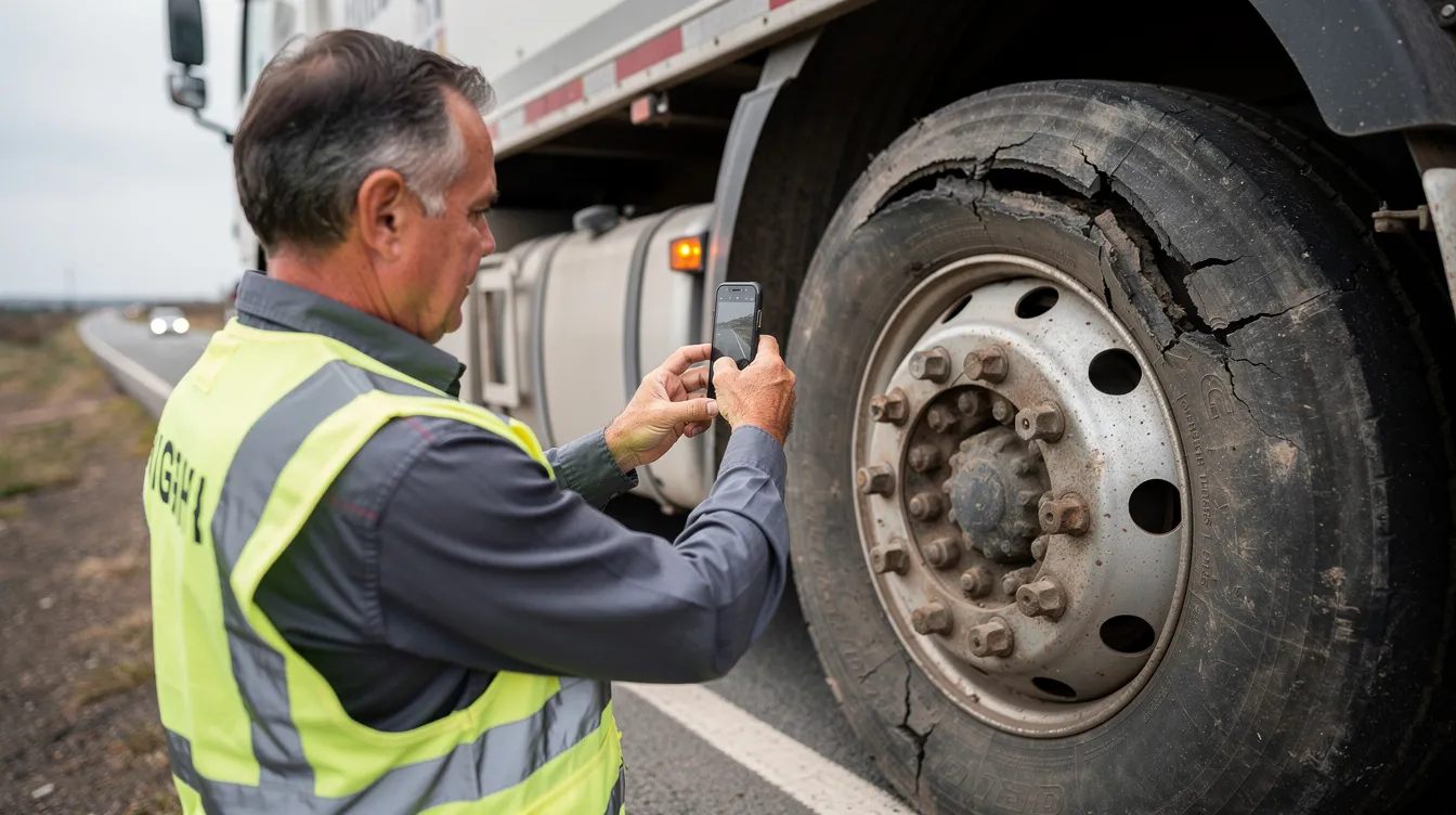 Ein LKW-Fahrer fotografiert mit seinem Smartphone die beschädigte Flanke eines XL-Reifens, der für die Tragfähigkeit von Fahrzeugen ausgelegt ist. Die Seitenwand des Reifens zeigt deutliche Abnutzungsspuren, die auf mögliche Nachteile bei der Verwendung hinweisen.
