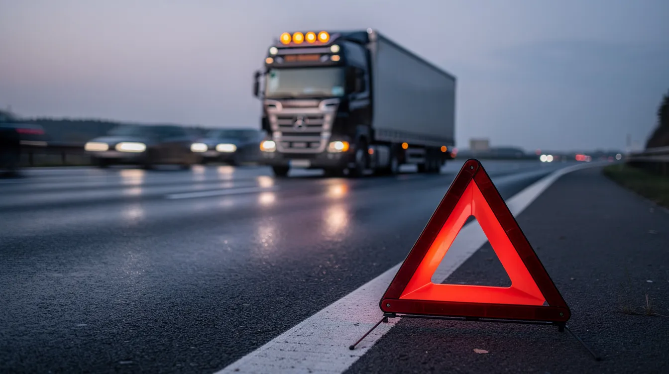Ein Warndreieck steht auf dem Standstreifen einer Autobahn hinter einem stehenden Sattelzug bei Dämmerung. Die Szene vermittelt ein Gefühl von Sicherheit und Vorsicht, während das Fahrzeug möglicherweise auf Informationen zu zulässiger Achslast und Fahrzeuggewicht wartet.