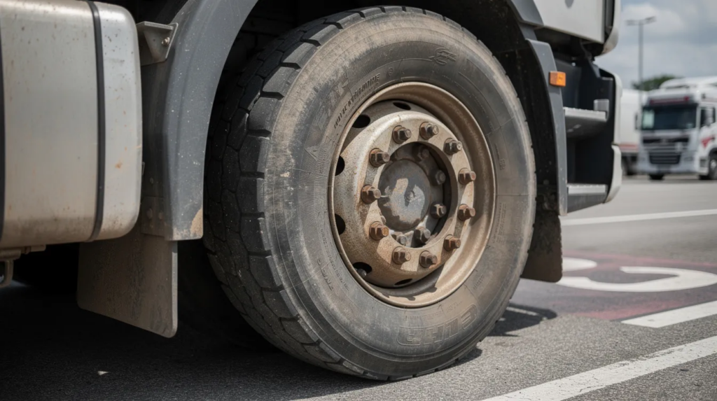 e68ca6a5-45db-42e1-9735-d1327a59f4b4 – LKW Help 24 Die Nahaufnahme zeigt einen schweren LKW-Reifen auf der Antriebsachse eines Sattelzugs, der auf einem Autobahn-Rastplatz parkt. Der Reifen ist robust und für den Einsatz in Nutzfahrzeugen konzipiert, was auf die Qualität und Sicherheit der Lkw-Reifen hinweist.