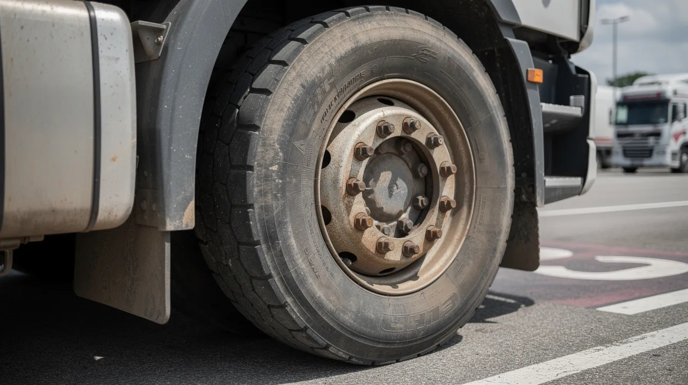 Die Nahaufnahme zeigt einen schweren LKW-Reifen auf der Antriebsachse eines Sattelzugs, der auf einem Autobahn-Rastplatz parkt. Der Reifen ist robust und für den Einsatz in Nutzfahrzeugen konzipiert, was auf die Qualität und Sicherheit der Lkw-Reifen hinweist.