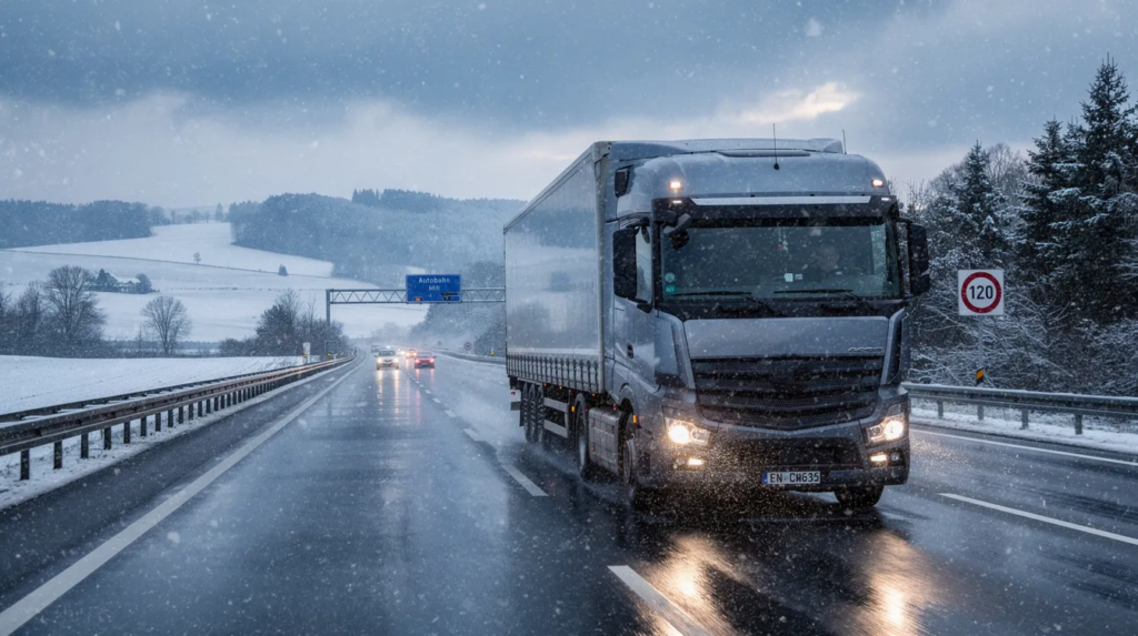 e8bf507b-79e4-43e1-9df7-a5749056a741 – LKW Help 24 Ein LKW fährt bei starkem Schneefall auf einer deutschen Autobahn, umgeben von einer winterlichen Landschaft mit Schnee und Eis auf beiden Seiten der Straße. Der LKW ist mit Winterreifen ausgestattet, um den schwierigen Straßenverhältnissen in der kalten Jahreszeit gerecht zu werden.