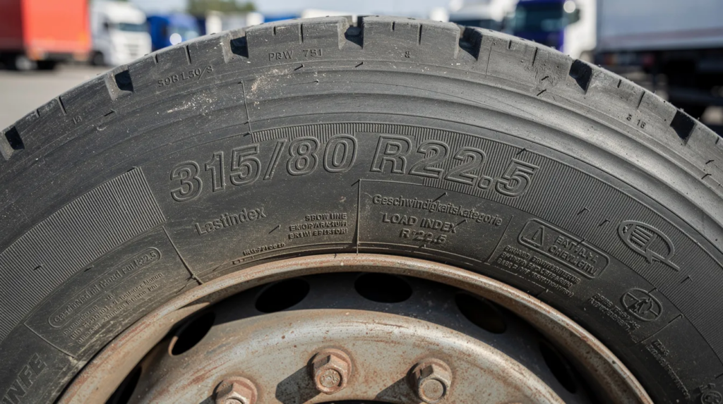 fada94b6-8584-4dc7-b3c9-62e0cae2a4d3 – LKW Help 24 Nahaufnahme einer LKW-Reifenflanke, die verschiedene Kennzeichnungen wie das M+S-Symbol und das Schneeflockensymbol zeigt, die auf die Wintertauglichkeit des Reifens hinweisen. Diese Reifen sind für schwere Nutzfahrzeuge konzipiert und bieten Sicherheit unter winterlichen Straßenbedingungen.