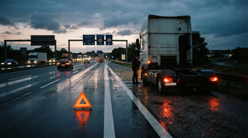 Reifennotdienst - LKW auf Standstreifen im Regen – LKW Help 24 LKW steht mit eingeschaltetem Warnblinker auf dem Standstreifen einer Autobahn im Regen, Warndreieck aufgestellt
