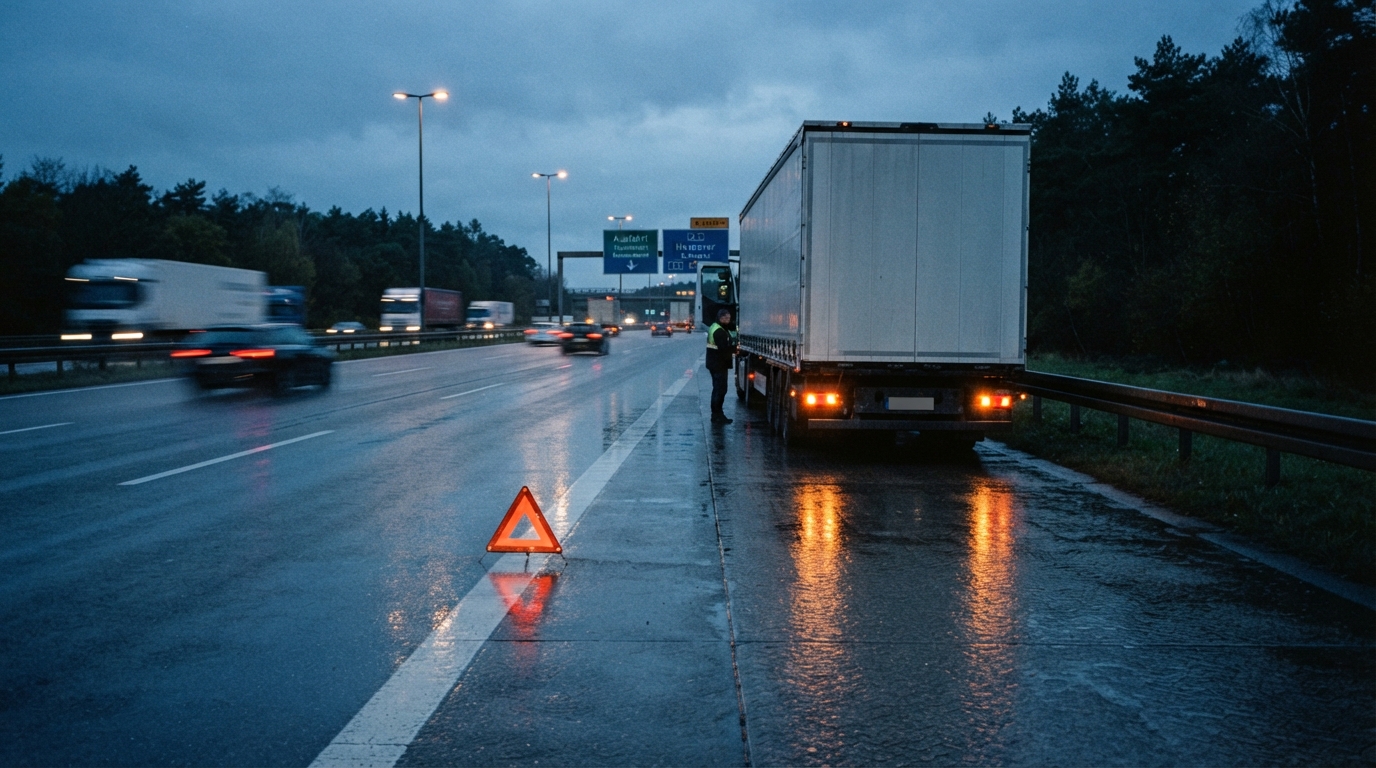 LKW mit Warnblinker auf dem Standstreifen, Warndreieck auf regennasser Fahrbahn, Techniker steht daneben