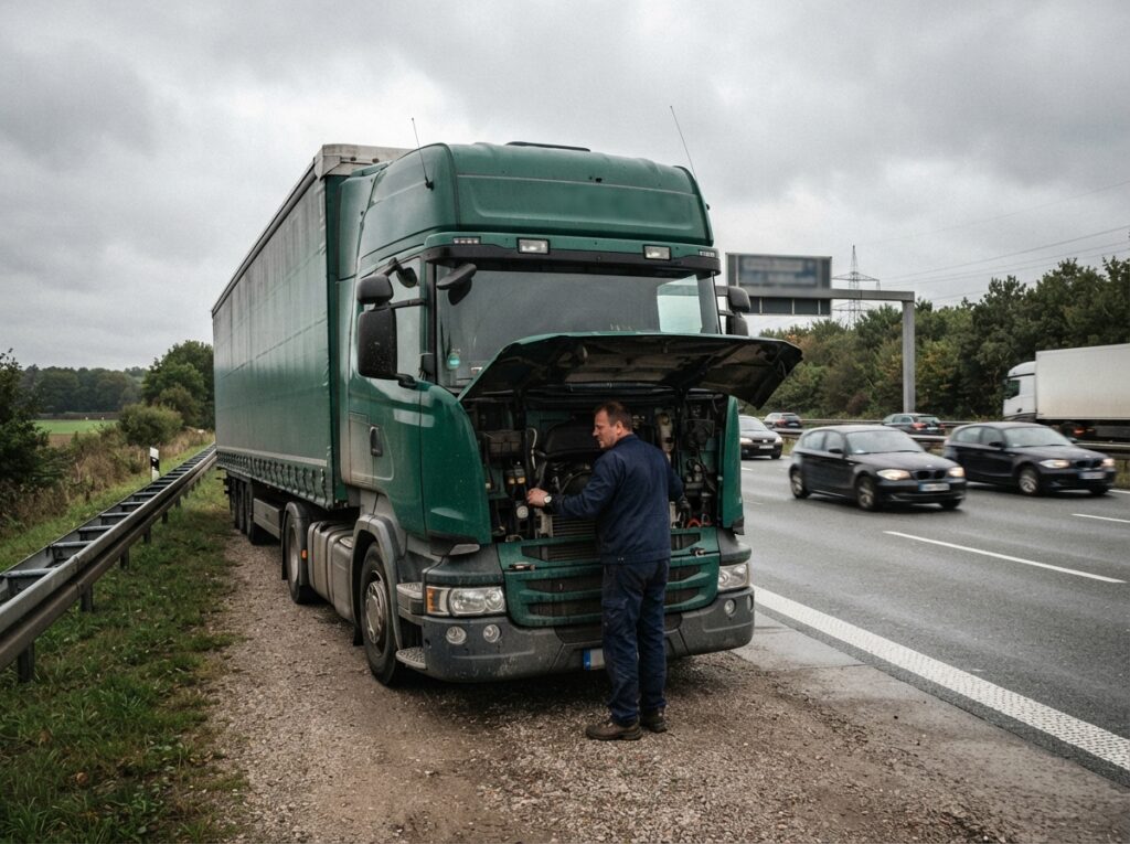 Truck driver inspecting engine on German motorway – LKW Help 24 LKW-Fahrer kontrolliert den Motor am Fahrbahnrand der Autobahn