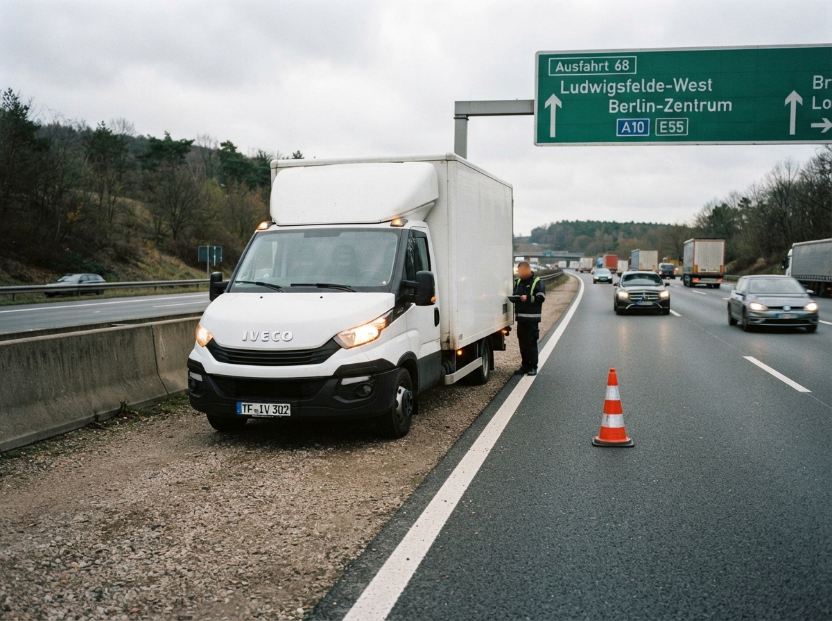 Iveco Nutzfahrzeug steht mit Warnkegel auf dem Seitenstreifen