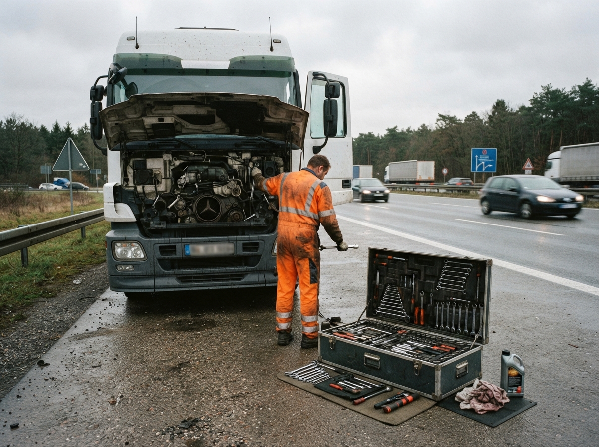 Mobiler Mechaniker steht mit Werkzeugkasten neben einem LKW mit geöffneter Motorhaube
