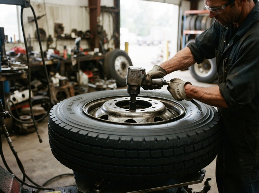 Mounting new truck tire with wrench – LKW Help 24 Montage eines neuen LKW-Reifens mit einem Radschluessel