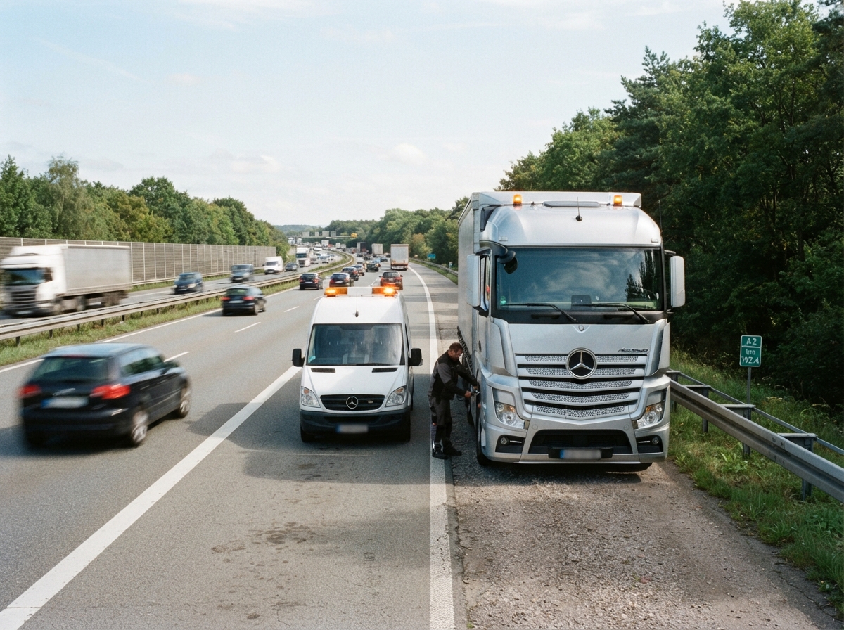 LKW steht mit Warnblinker auf dem Standstreifen der Autobahn