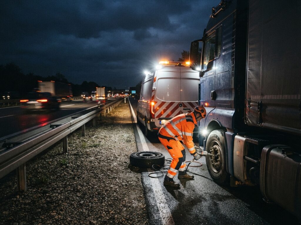 Technician changing truck tire on motorway – LKW Help 24 Techniker wechselt ein Reifen an einem LKW auf der Autobahn