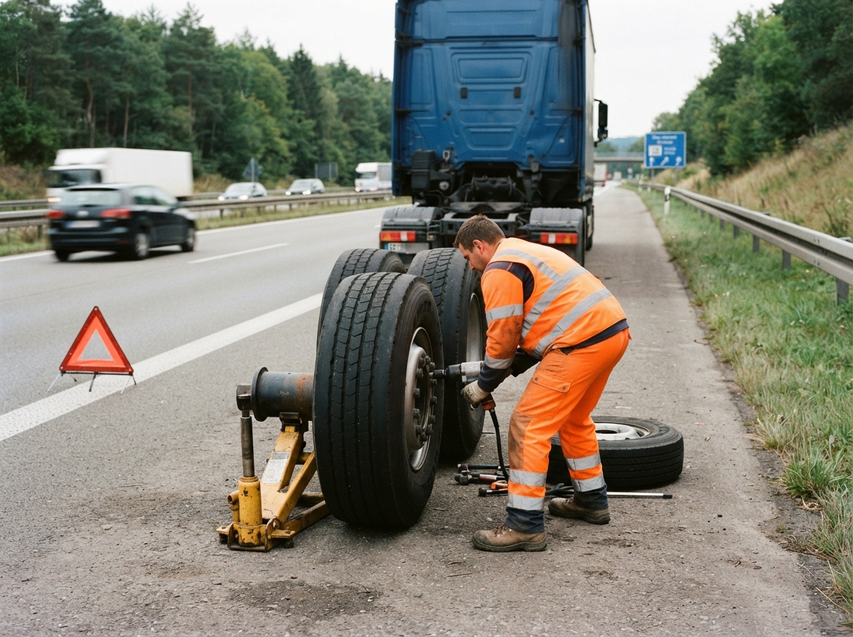 Techniker repariert einen LKW-Reifen direkt auf der Fahrbahn während einer Panne