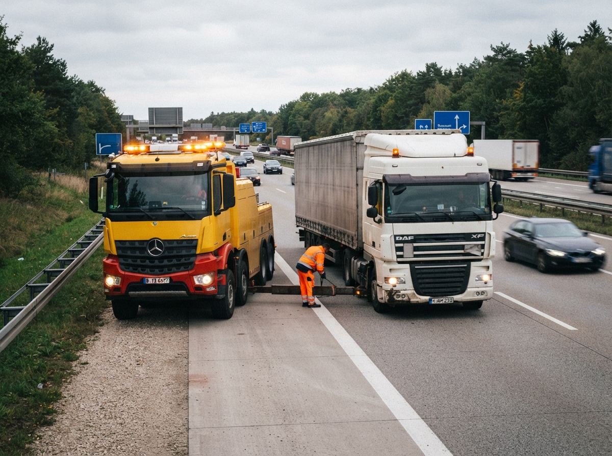 Abschleppwagen zieht einen liegen gebliebenen LKW mit einer starren Abschleppstange